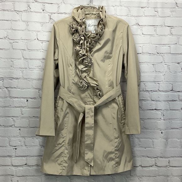 Weatherproof Trench Coat Women's Size M Beige Ruffle Rosette Belted Rain Casual - Picture 7 of 11